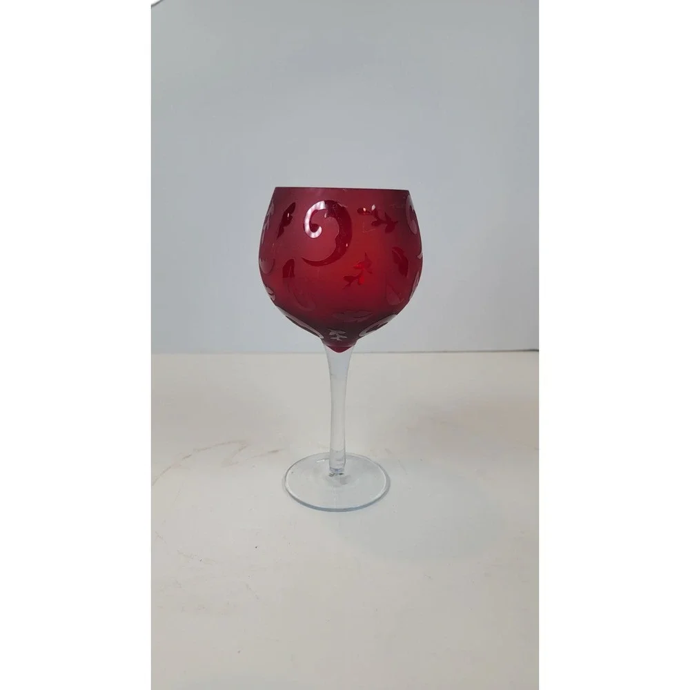 Ruby Red Glass Etched Floral Scrolls Pair of Toasting Balloon Wine Glasses